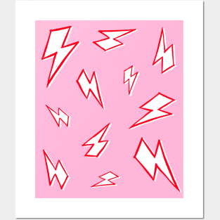 Sketchy Red and White Lightning Bolt Pattern on Pink Posters and Art